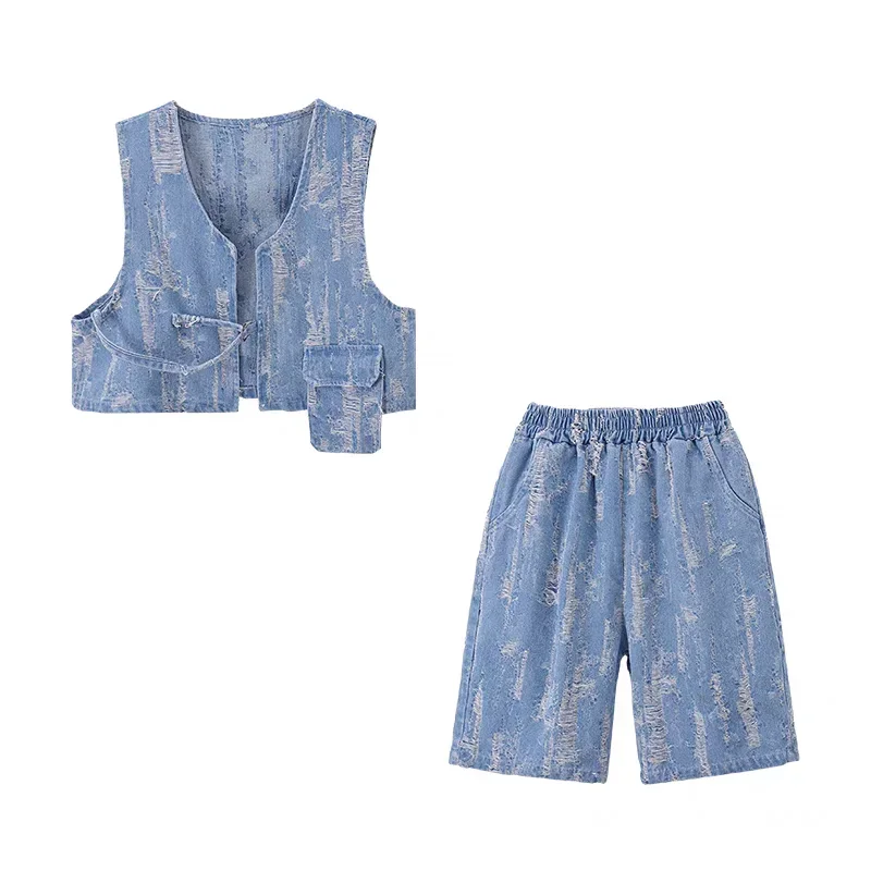 Costumes de danse Jazz pour garçons, t-shirt ample, gilet en Denim, short, costume pour filles, vêtements de danse Hip Hop Rave, ensemble de vêtements de spectacle sur scène de groupe, nouvelle collection