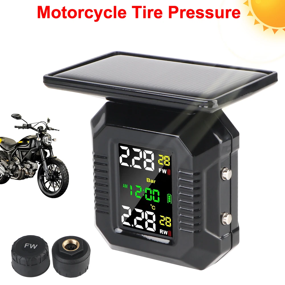 M10 Solar TPMS Temperature Warning Fuel Save Intelligent With Clock 2 External Sensors Motorcycle Tyre Pressure Monitor