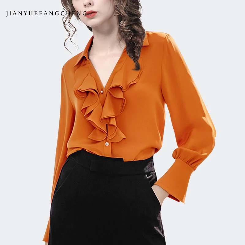 Loose Plus Size Women Long Sleeve V-Neck Orange Ruffle Blouse Spring Summer New Ladies Top Fashion Casual Office Female Shirts