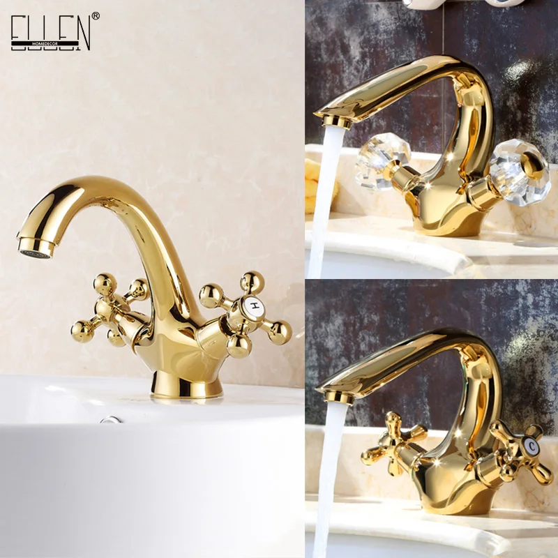 

Luxury crystal brass gold bathroom basin sink faucet deck mounted dual handle hot and cold water mix tap Golden faucets EL7426G