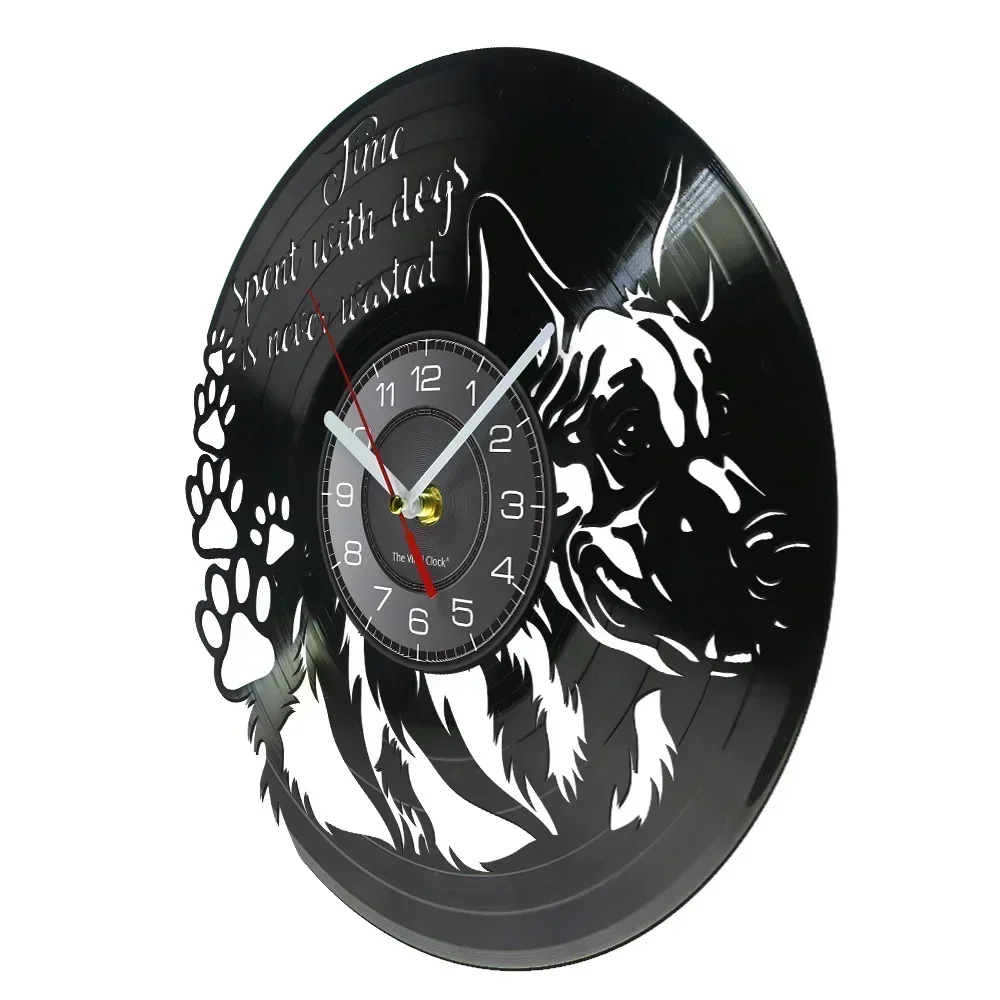 German Shepherd Dogs Vinyl Record Wall Clock Time Spent with Dog Is Never Wasted Puppy Portrait Vintage Art Watch for Home Decor