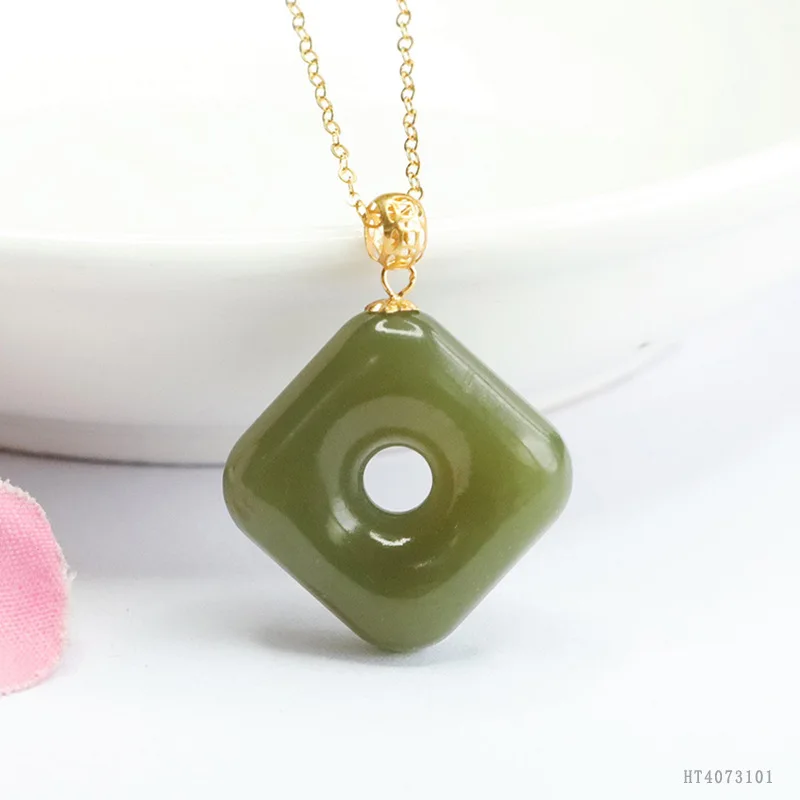 

18K Gold Aqua Hetian Jade Ping An Kou Pendant Lucky Protection Charm HT4073101
