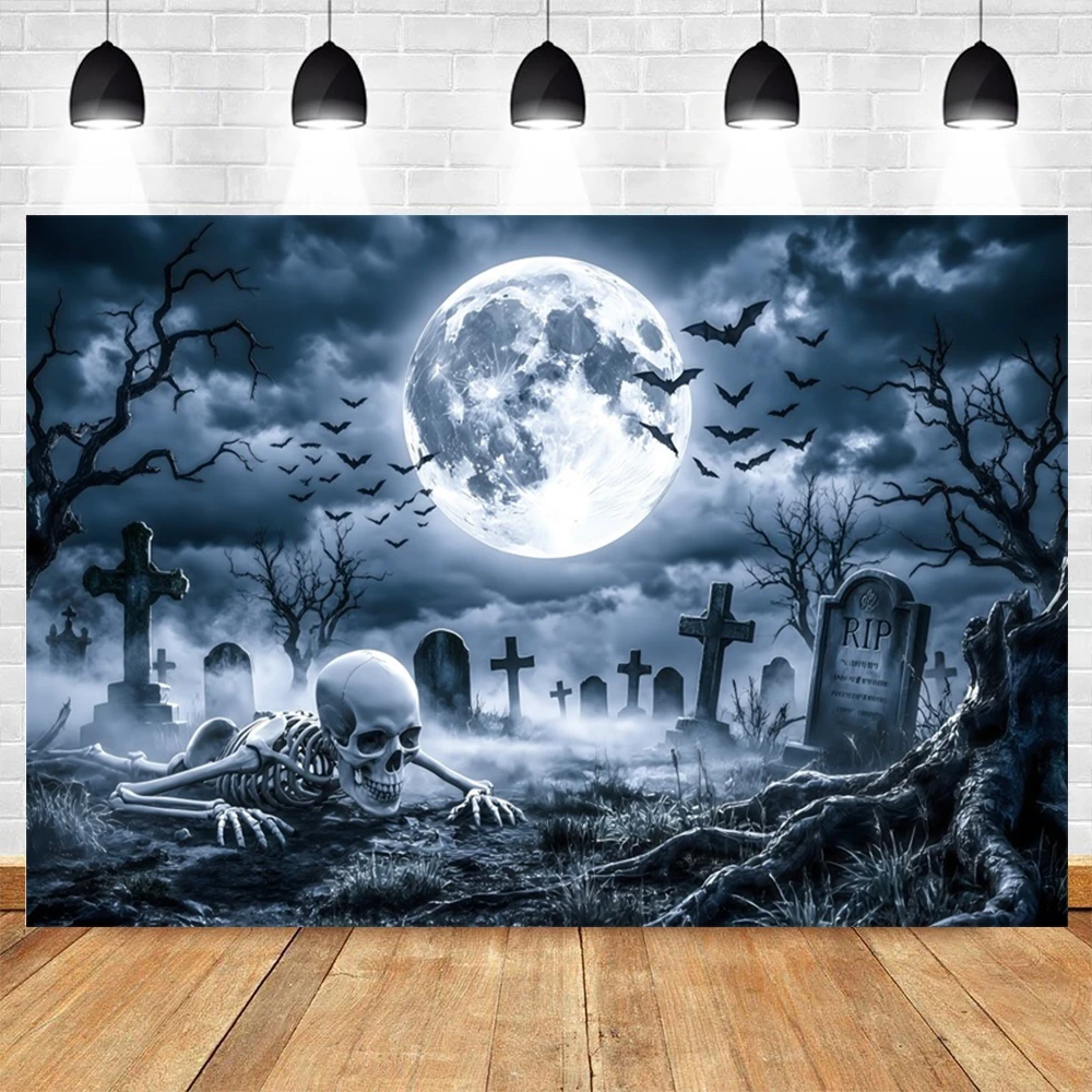 Halloween Cemetery Backdrop Night Forest Moon Tomb Crow Bat Halloween Party Kids Family Portrait Photography Background Banner