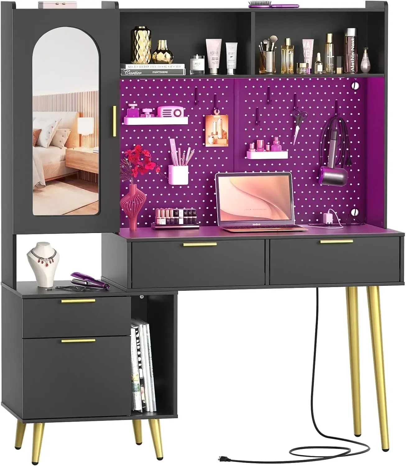 armocity 48'' Makeup Vanity with Hutch, Charging Station and LED, Tall Vanity Table with Pegboard, Mirror, 5 Big Drawers