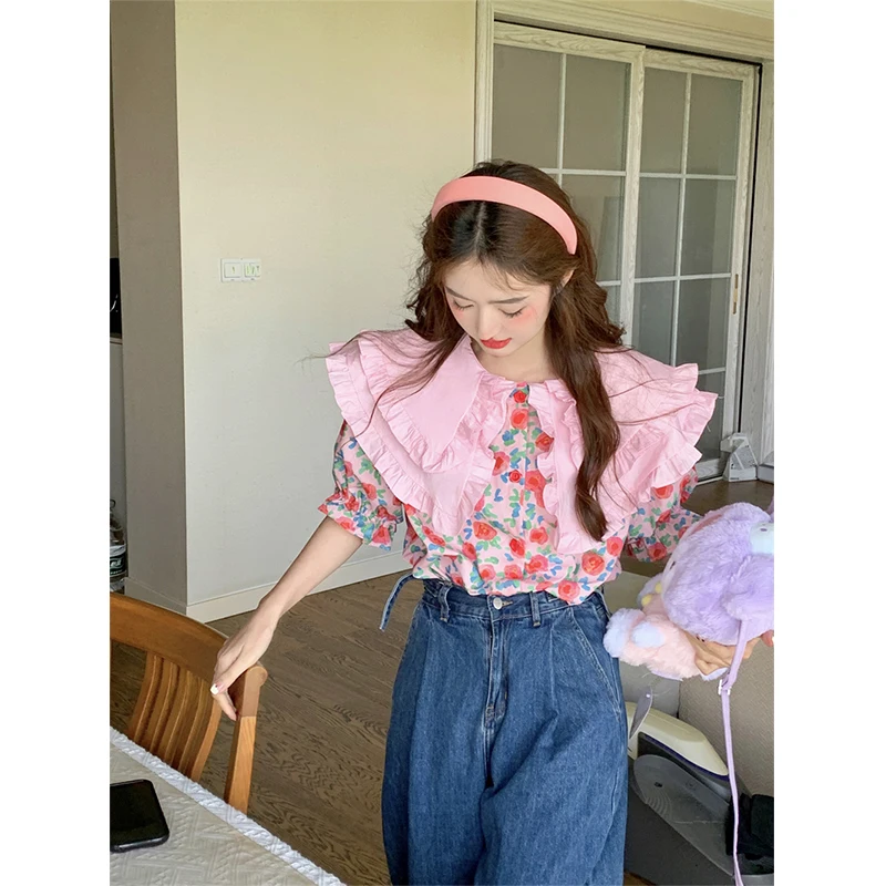 Vintage Sweet Floral Shirts Women Korean Print Puff Short Sleeve Blouses Summer Japanese Kawaii Peter Pan Collar Chic Tops New