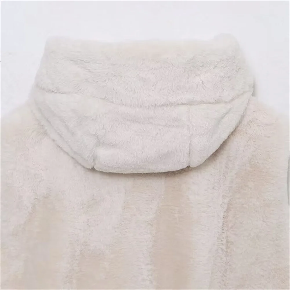 TRAF 2024 Autumn New Product: Women\'s Casual Loose Artificial Fur Effect Hooded Tank Top with Shoulder and Sleeveless Vest