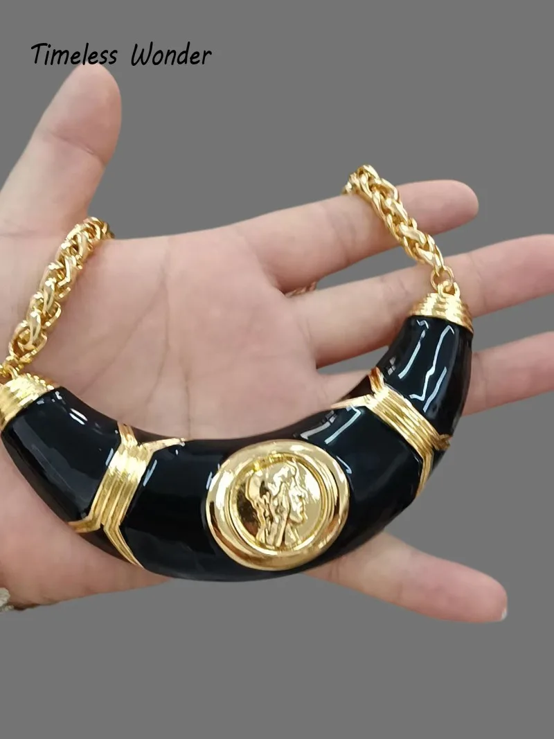 Timeless Wonder Retro Enamel Figure Geo Crescent Pave Necklace Women Designer Jewelry Top Rare Trendy Classy 2612