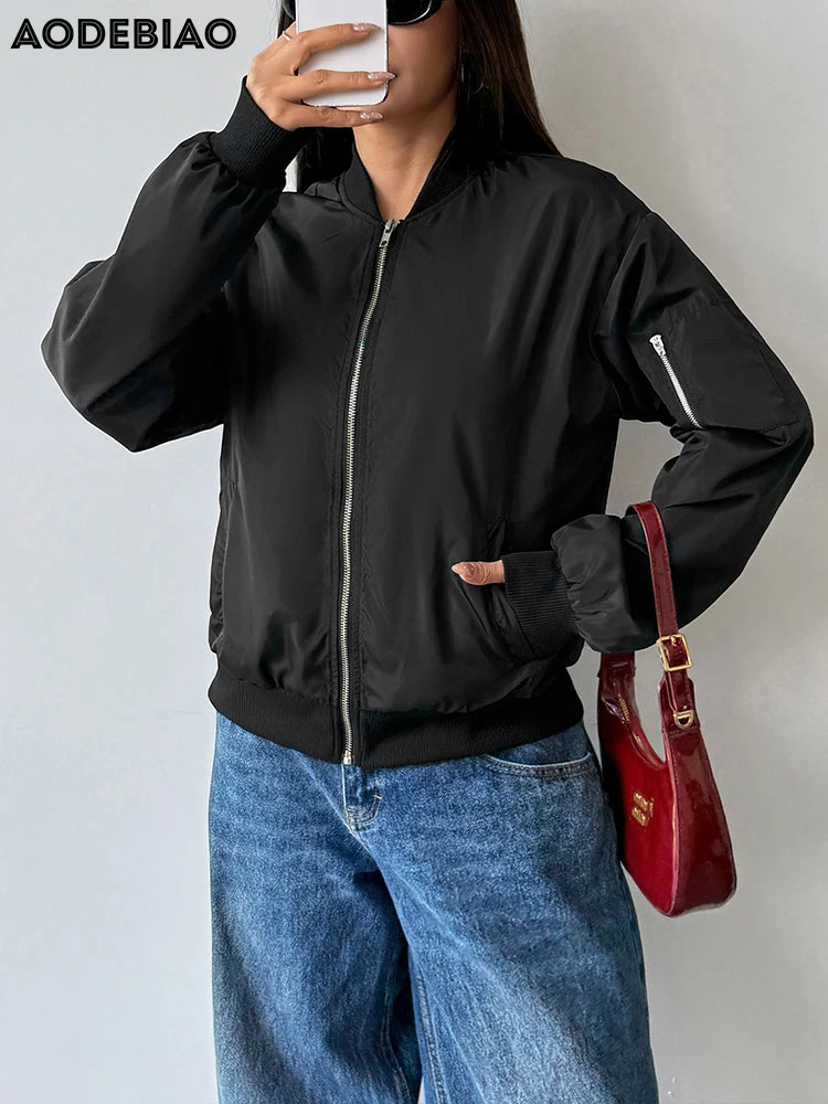 معطف نسائي من AODEBIAO يحافظ على الدفء بأكمام طويلة وسحابات عصرية وسترة صوفية للخريف والشتاء معطف أسود غير رسمي ملابس خروج للسيدات #5