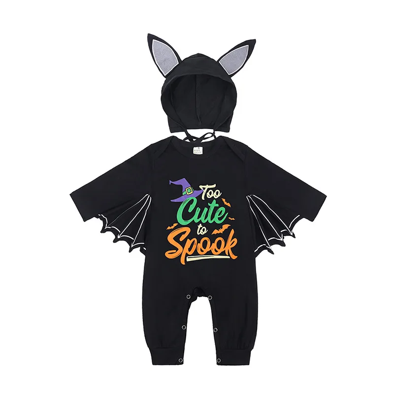 

Baby toddler autumn long sleeved jumpsuit crawling suit baby Halloween day style letter printed bat sleeve sweater including hat