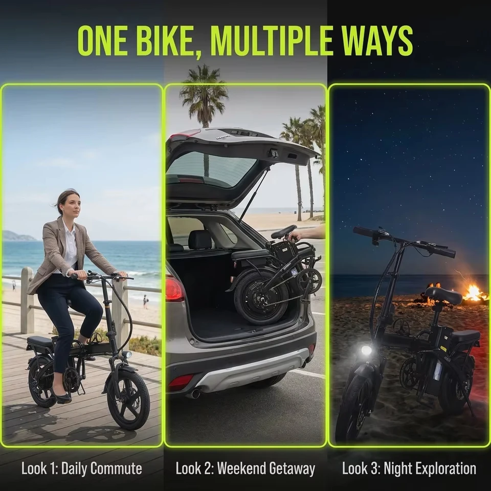 Folding Electric Bike 500W Peak Brushless Motor 48V15Ah Removable Lithium Battery Dual Seat E-Bike 14 Inch Foldable Electric Bicycle with GPS Anti-theft System Dual Disc Brake for Commute image 8