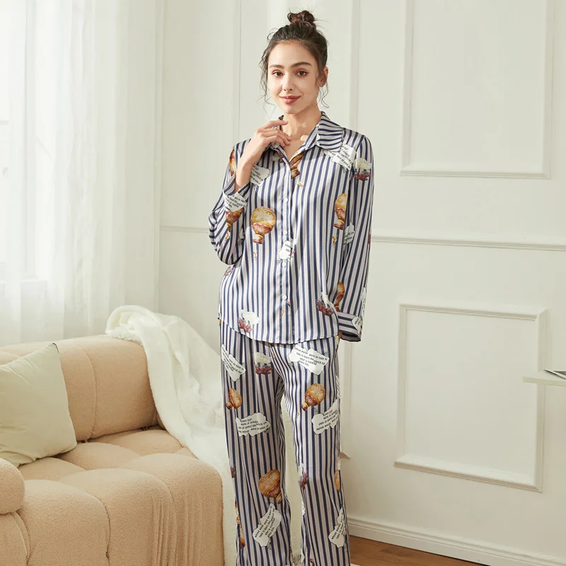 Ling 2 Pcs Pijama Summer Nightwear Women's Pajamas Sleep Lounge Fashion Striped Set Pajamas Long Sleeve Trouser Sets M-XXL