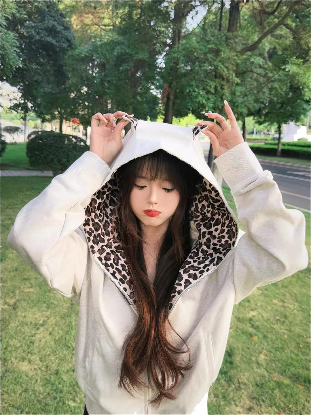 

Retro American High Street Leopard Print Ear Hoodie Women's Loose Casual Versatile Lightweight Spring Autumn Jacket