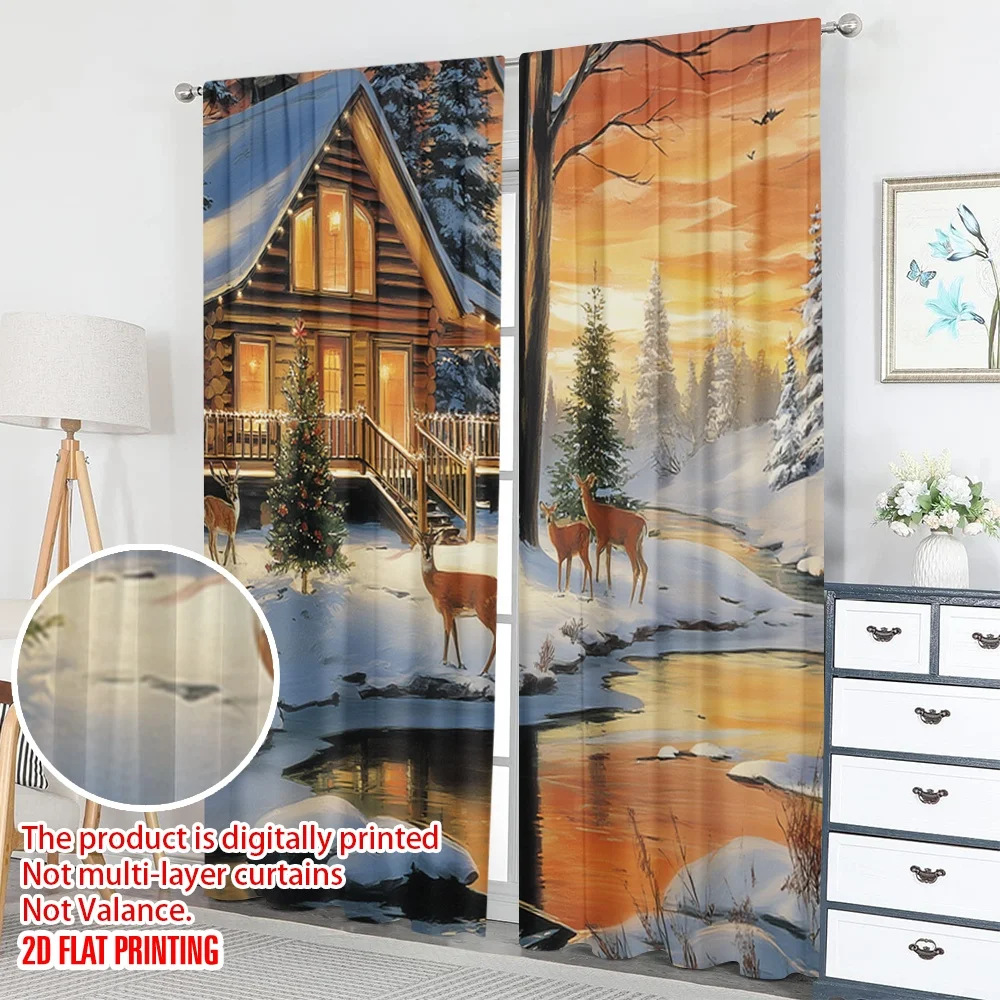 2 قطعة 2D الطباعة المسطحة ستائر عيد الميلاد المألوف مريحة المقصورة الغزلان عيد الميلاد المشهد الرقمية المطبوعة البوليستر الستائر عطلة #5