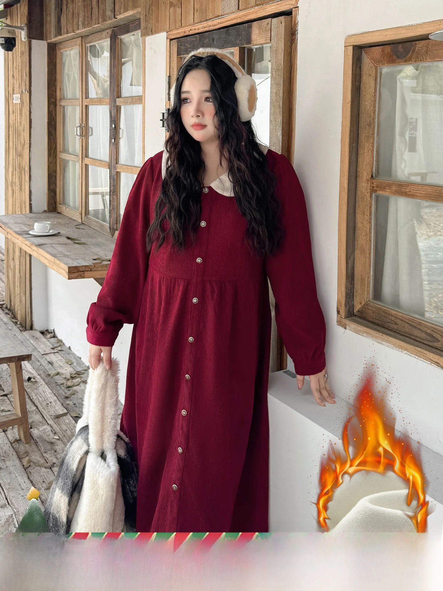 

Женское длинное платье больших размеров с высокой талией Long Sve Fce на подкладке и кукольным воротником, осень-зима, теплое платье трапециевидной формы