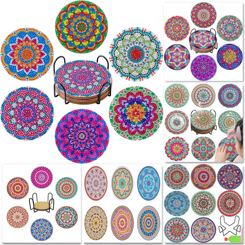 6/8pc/sets DIY Diamond Painting Coasters Full Drill Diamond Mosaic Mandala Round Cup Coasters with Holder
