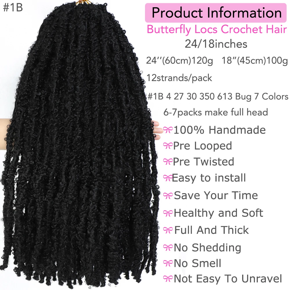 Rambut palsu kepang Crochet kupu-kupu palsu 24 inci 18 ", rambut ekstensi rambut sintetis kunci Dread Distressed