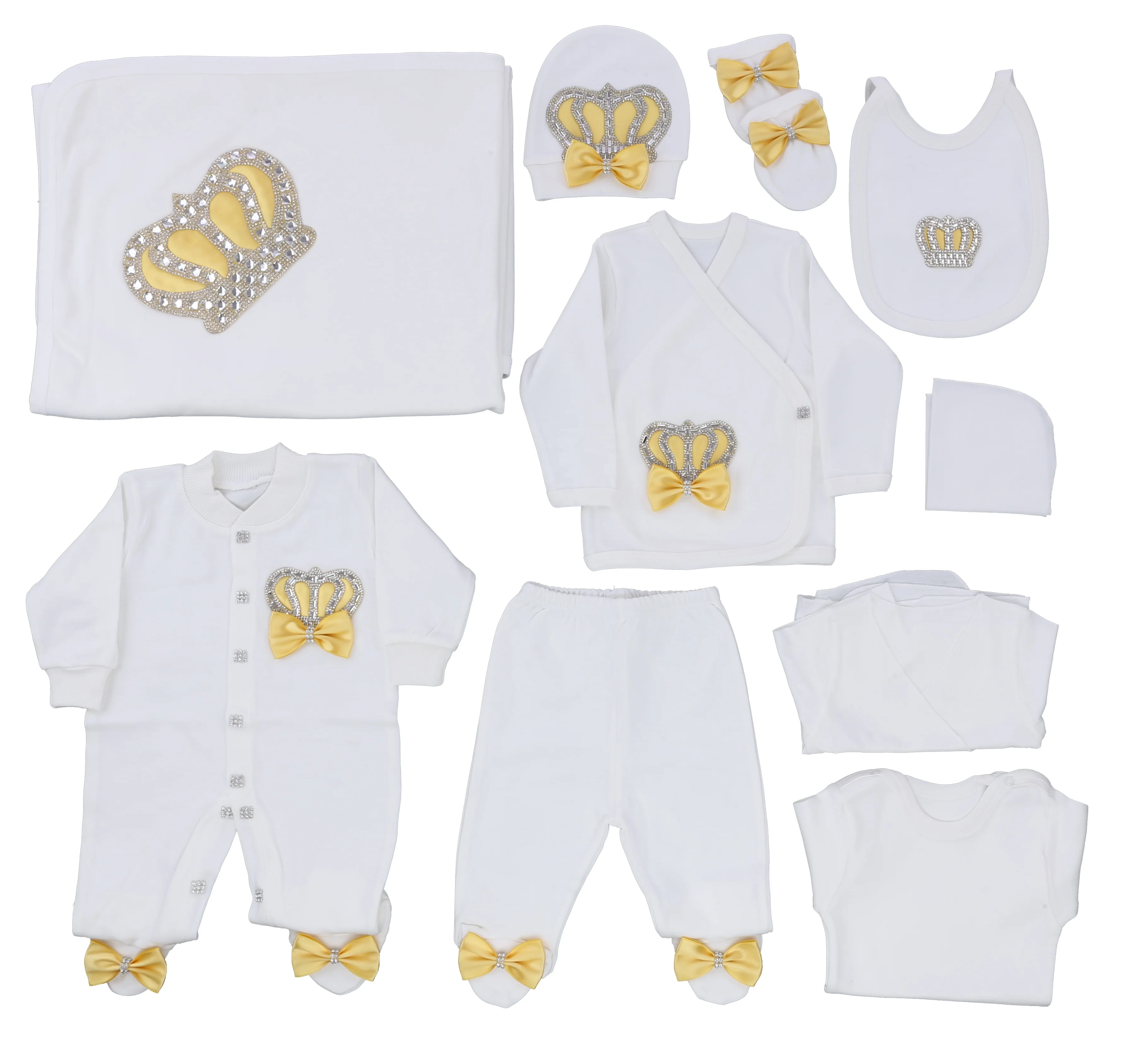 

10 Pieces High Quality 100% Cotton Fabric Knitted Long Sleeve Bubble Modern Luxury Newborn Yellow Baby Girl Romper Set