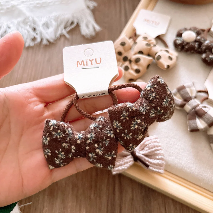 

Stuffed Fabric Bow Scrunchie for Children Beige Brown Color Polka Dot Floral Sweet Versatile Daily Ponytail Elastic Band Gentle