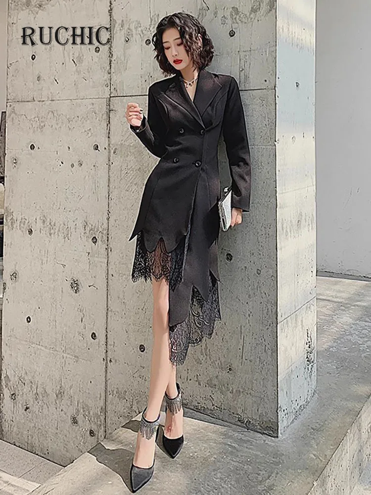 

RuChic Elegant Summer 2024 Women's Patchwork Lace Dress Notched Long Sleeve Single Button Irregular Fashion Suit Dress