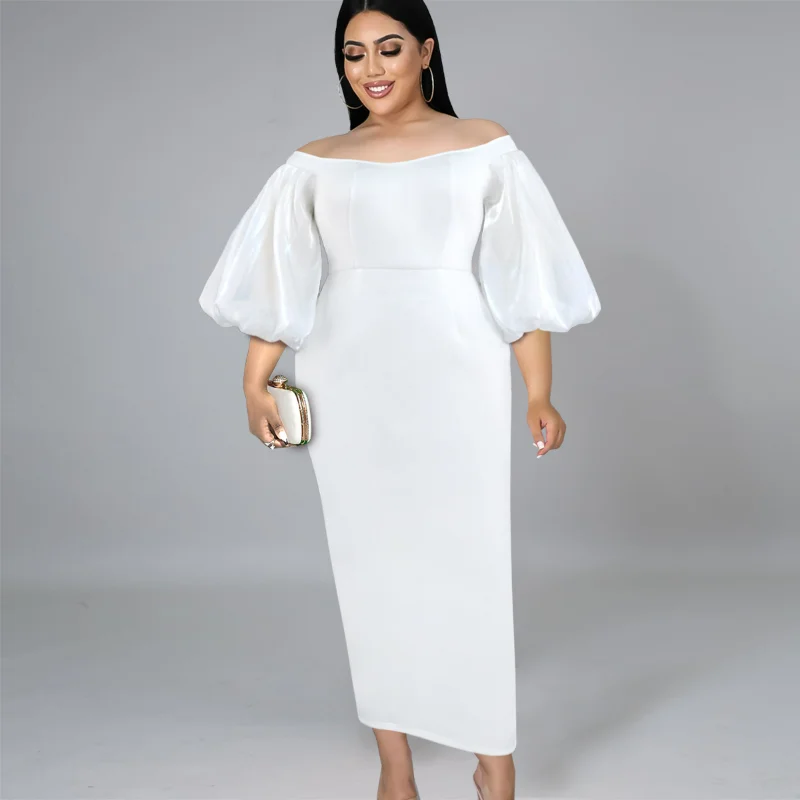 White Sexy Hottie Dress Women Summer Tube Tops Slash Neck Oversided Lantern Sleeve One-step Ladies Midi Plus Size Clothing Party