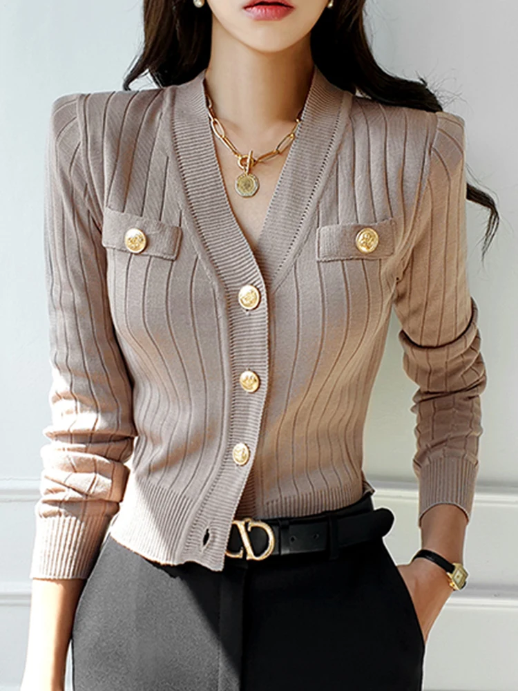 New 2024 Autumn Cardigan Crop Top V Neck Knitted Sweater Long Sleeve Top Korean Fashion Right Shoulder Elegant Women\'s Knitwears