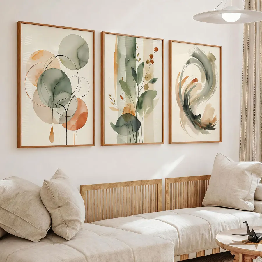 3-Piece Set, Beige & Gray-Green Abstract Watercolor Wall Art, Plant and Geometric Patterns for Living Room Decoration, Japanese Wabi-Sabi Zen Wall Decor, Modern Minimalist Frameless Poster, Nature-Inspired Home Decor, Canvas Painting Suitable for Bedroom, Office, Dormitory