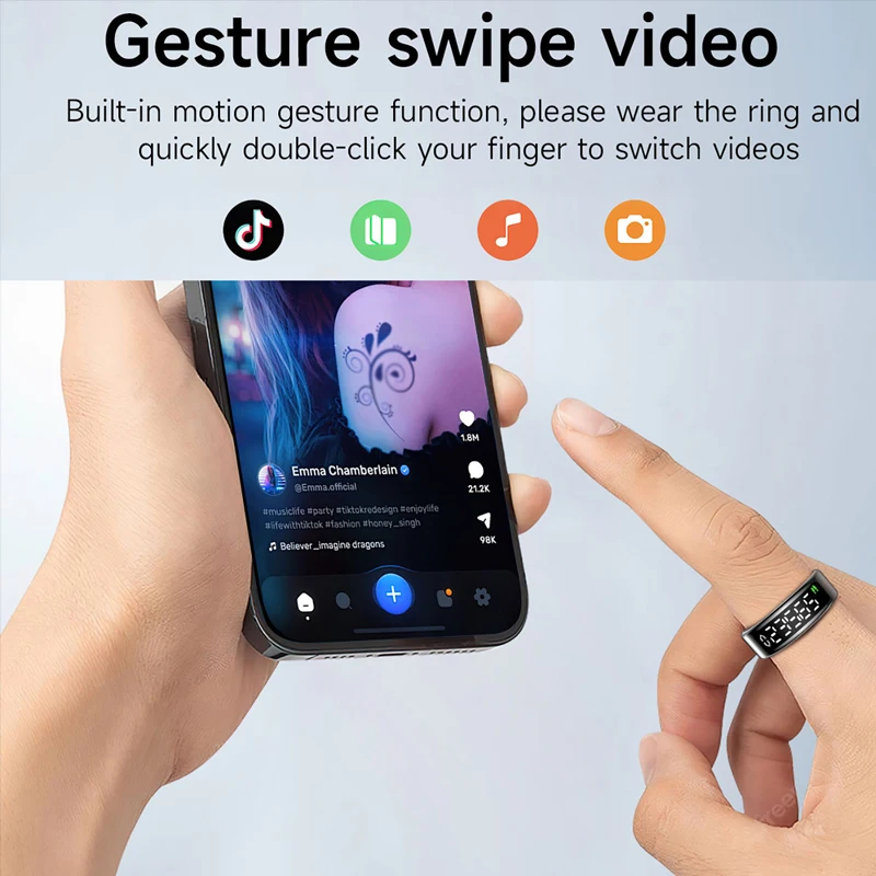 Smart Ring With LED Display Screen Men Women Heart Rate Blood Oxygen Monitor Sleep Tracker Multi Sports IP68 5ATM Waterproof