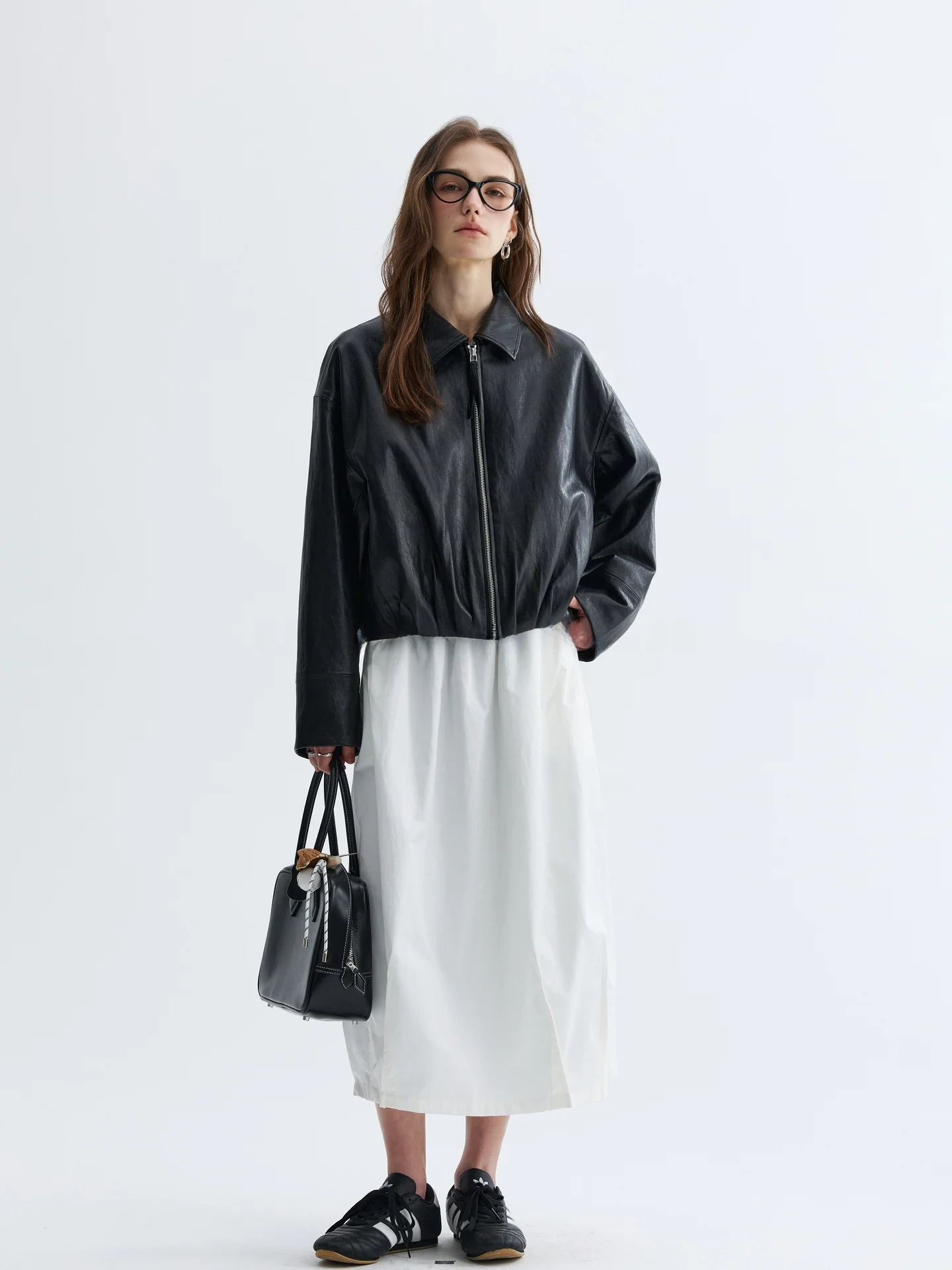 

VAJE Bla Metal Wire Motorcycle PU Leather Jaet Women's ort Sle Spring Autumn Faion Small Size Gored Skirt