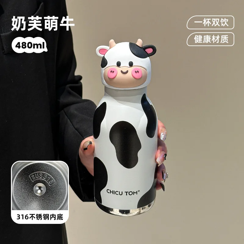 Kids Cute Animal Thermos 480ml Stainless Steel Straw Water Bottle For School Outdoor Travel view 6