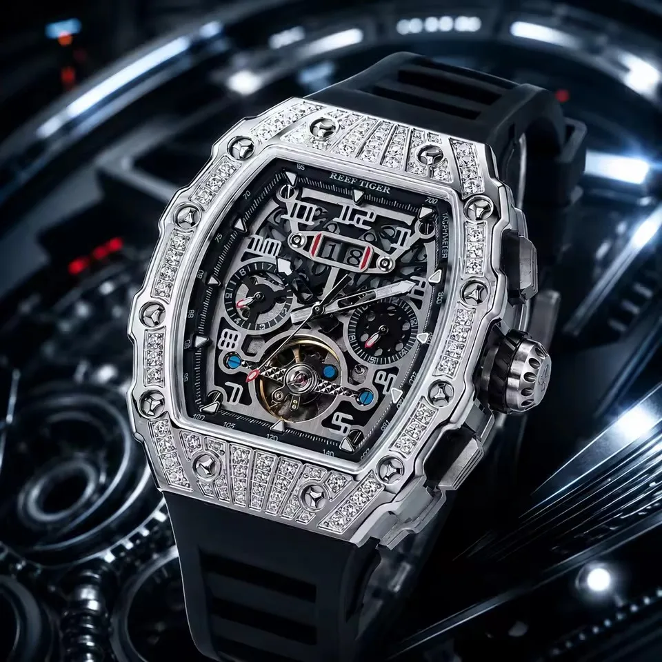 Reef Tiger Men's Titan Series Automatic Watch – Luxury Diamond Design, Tonneau-Shaped Case, Luminous Mechanical Watch