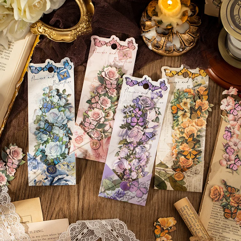 Card Lover 10 Pcs [Flower Butterfly Series] Retro Butterfly Flowers Material Paper Kraft Deco Paper Scrapbooking Sticker Kit