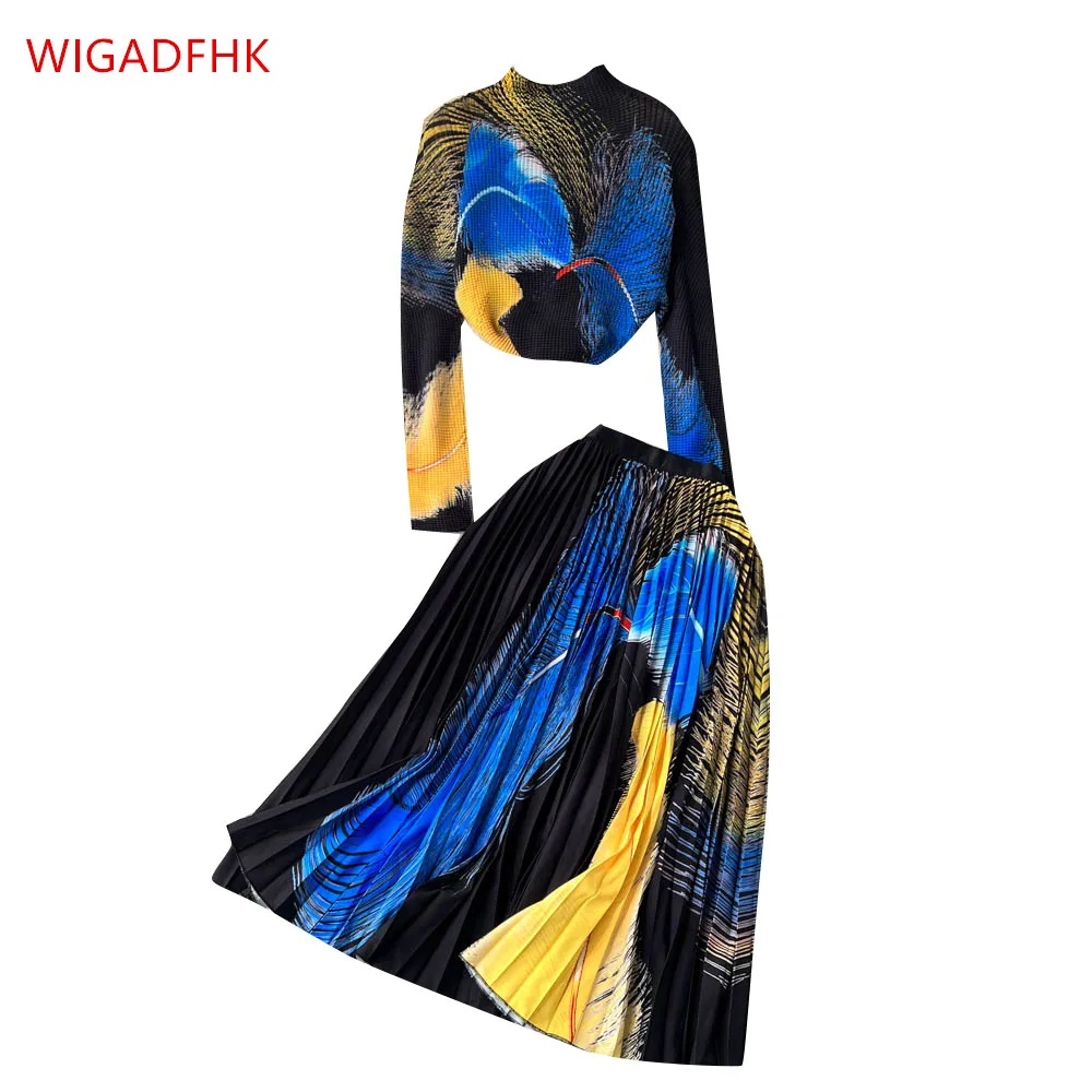 

Autumn Vintage Gradual Change Print Set Women's Crew Neck Knitwear+Mid length Pleated Skirt Two Piece Set