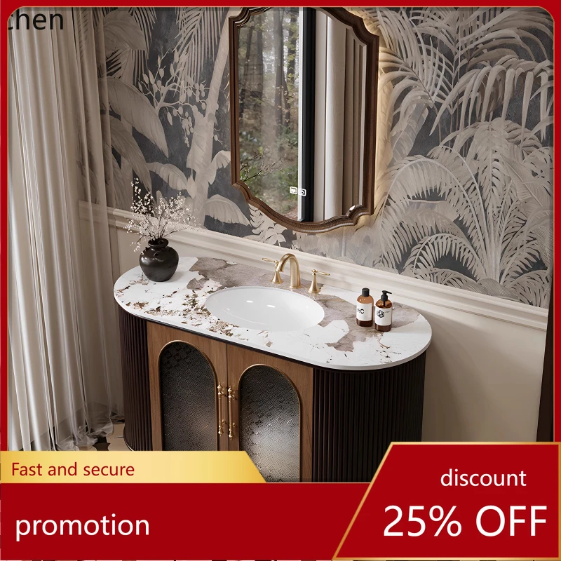 

HT rock slab ceramic under the counter basin retro wind floor rubber wood bathroom cabinet customization