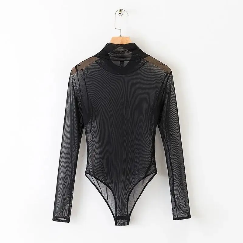 Bodysuits Women See Through Fashion Sexy Ladies Korean Long Sleeve Summer Chic All-match Popular Solid Casual Comfortable Club
