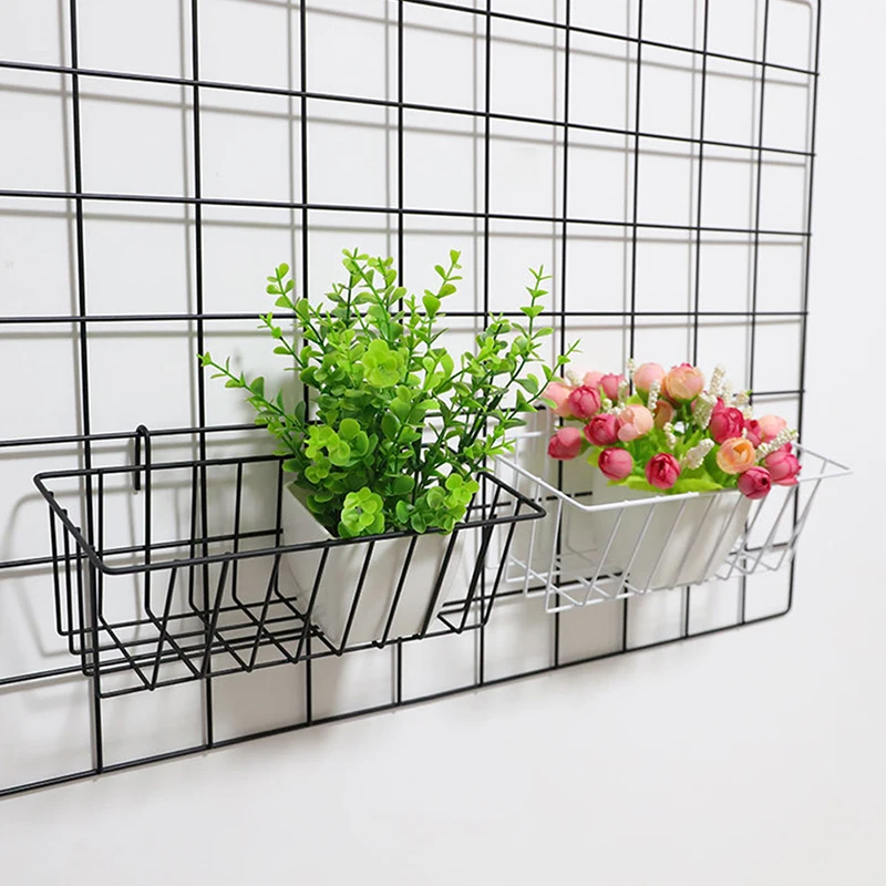 1Pc Metal Decorative Storage Basket DIY Iron Grid Flower Pot Hanging Shelf Wall Art Mesh Display Rack Home Decoration