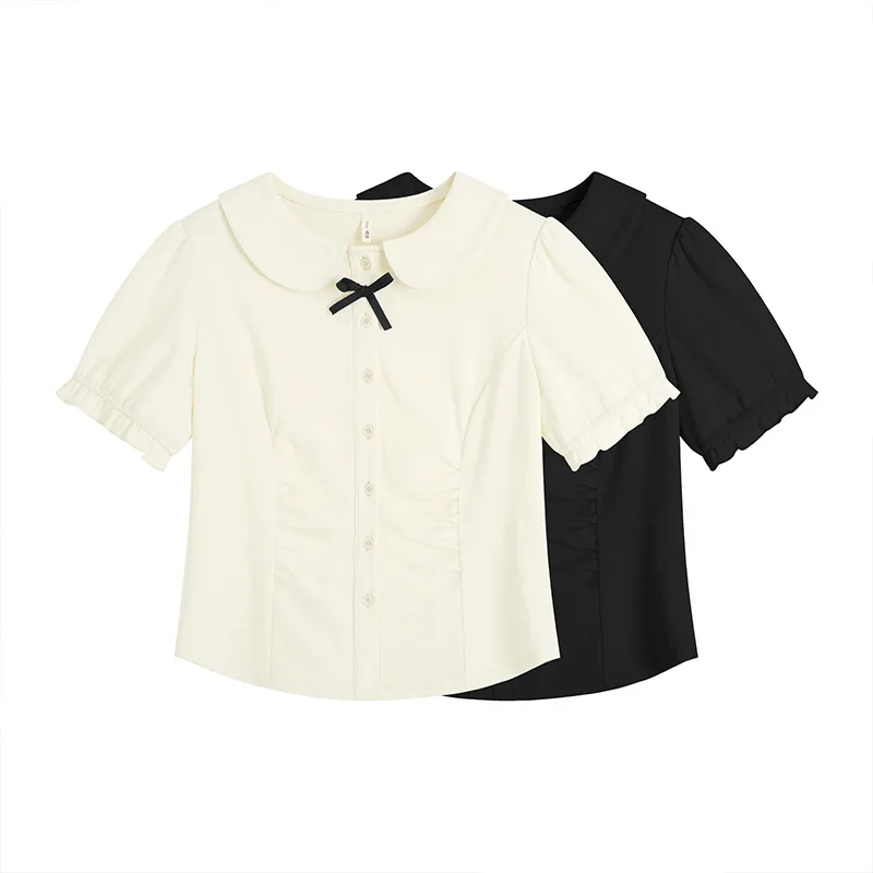 

Топ с кукольным воротником во французском студенческом стиле, подходит для девочек больших размеров, приталенная и утягивающая рубашка с короткими рукавами-пузырьками.