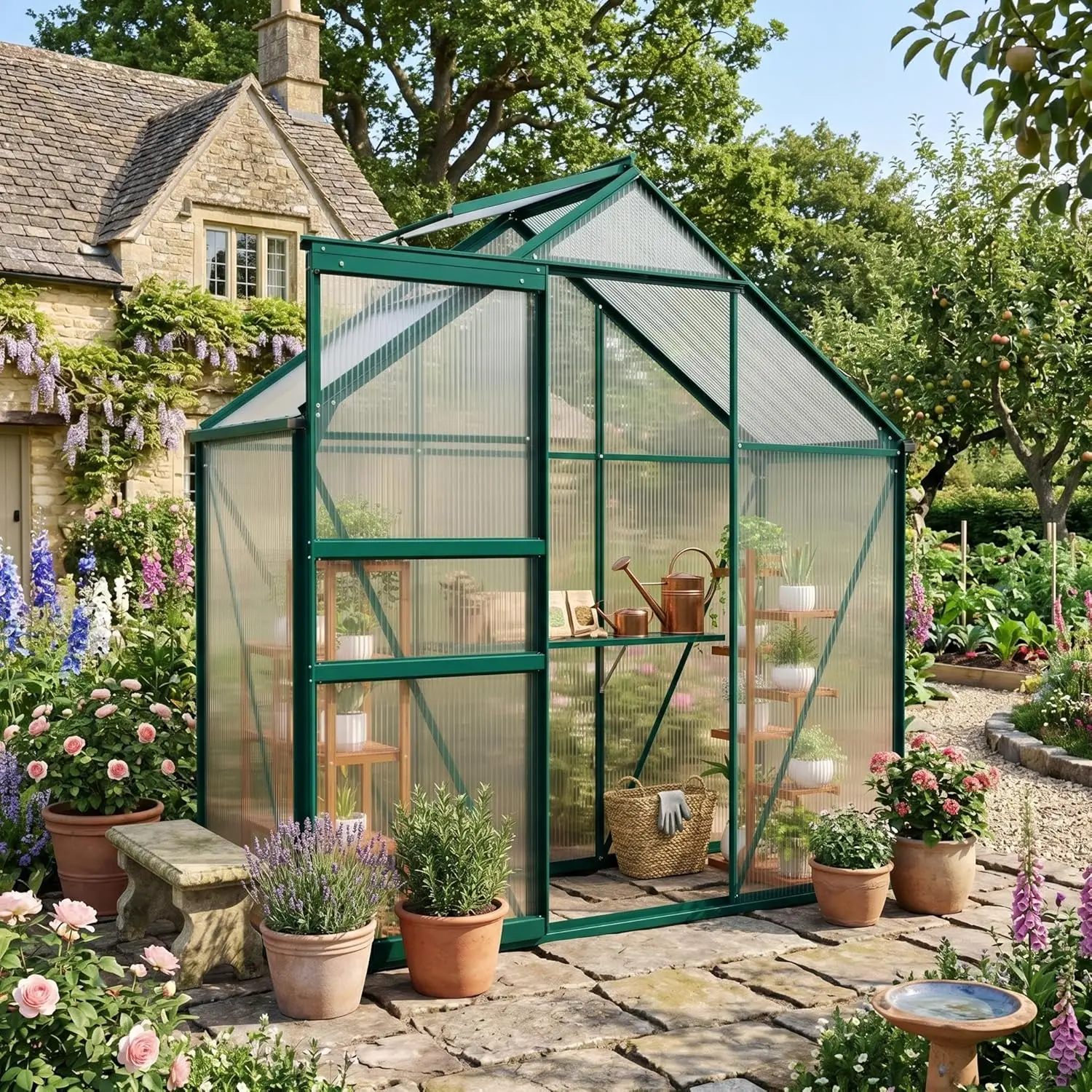 

6x3 FT Outdoor Greenhouse, Polycarbonate Walk-in with Sliding Door, Adjustable Roof Vent & Rain Gutter, Aluminum, Customized
