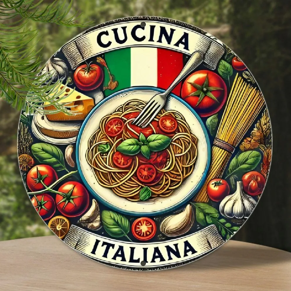 Cucina Italiana Spaghetti Tomato Cheese 2D Round Metal Tin Sign 7.87x7.87 Inch Italian Flag Vintage Iron Plaque Kitchen Cafe Wal