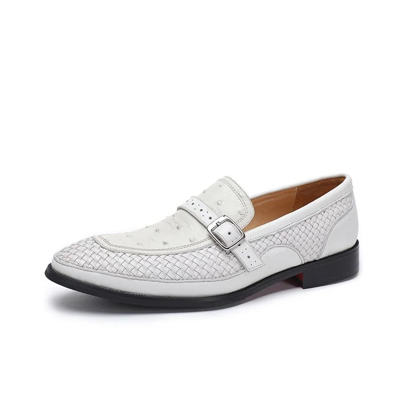 

Knitted Patchwork Designer Authentic Real Ostrich Skin Men's White Dress Loafers Genuine Leather Male Slip-on Business Shoes