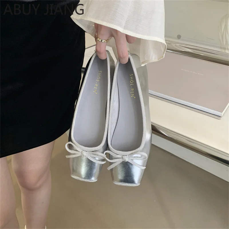 2024 Summer New Flat Ballet Flats Elegant Comfortable Bow Square Toe Single Shoes Ladies Shoes Zapatos Mujer