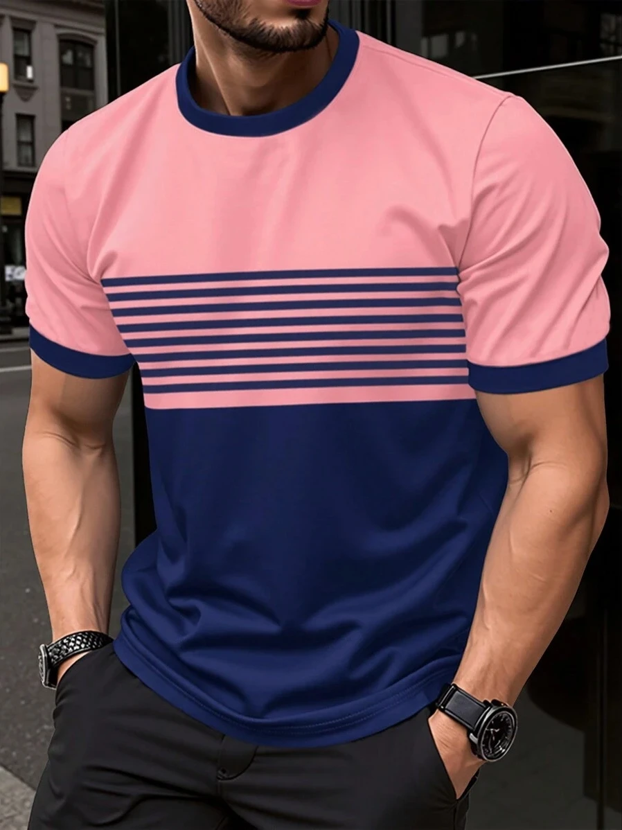 

New Summer Striped Printed Men's T Shirt Fashion Casual Round Neck Short Sleeve Top Simple Daily Menswear Breathable Sports Tee
