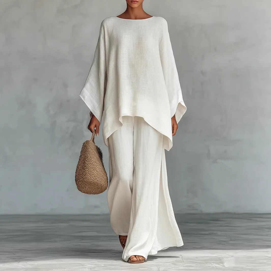 

Ladies Casual Solid Color Blouse Loose Wide Leg Trousers Two Piece Set