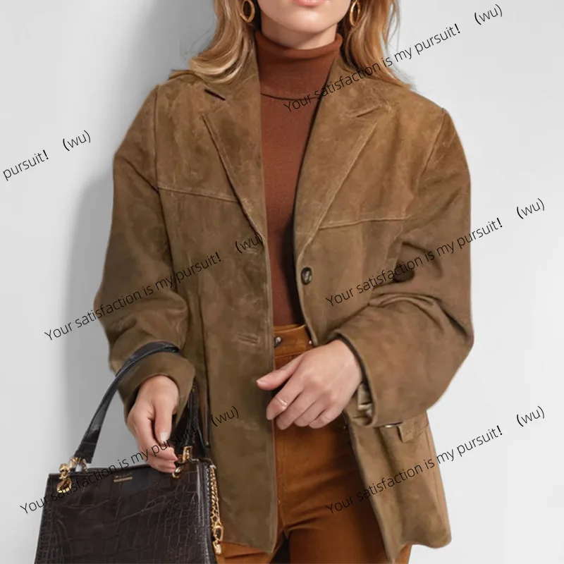 

European and American women's temperament women's retro brown loose pocket long-sleeved blazer women