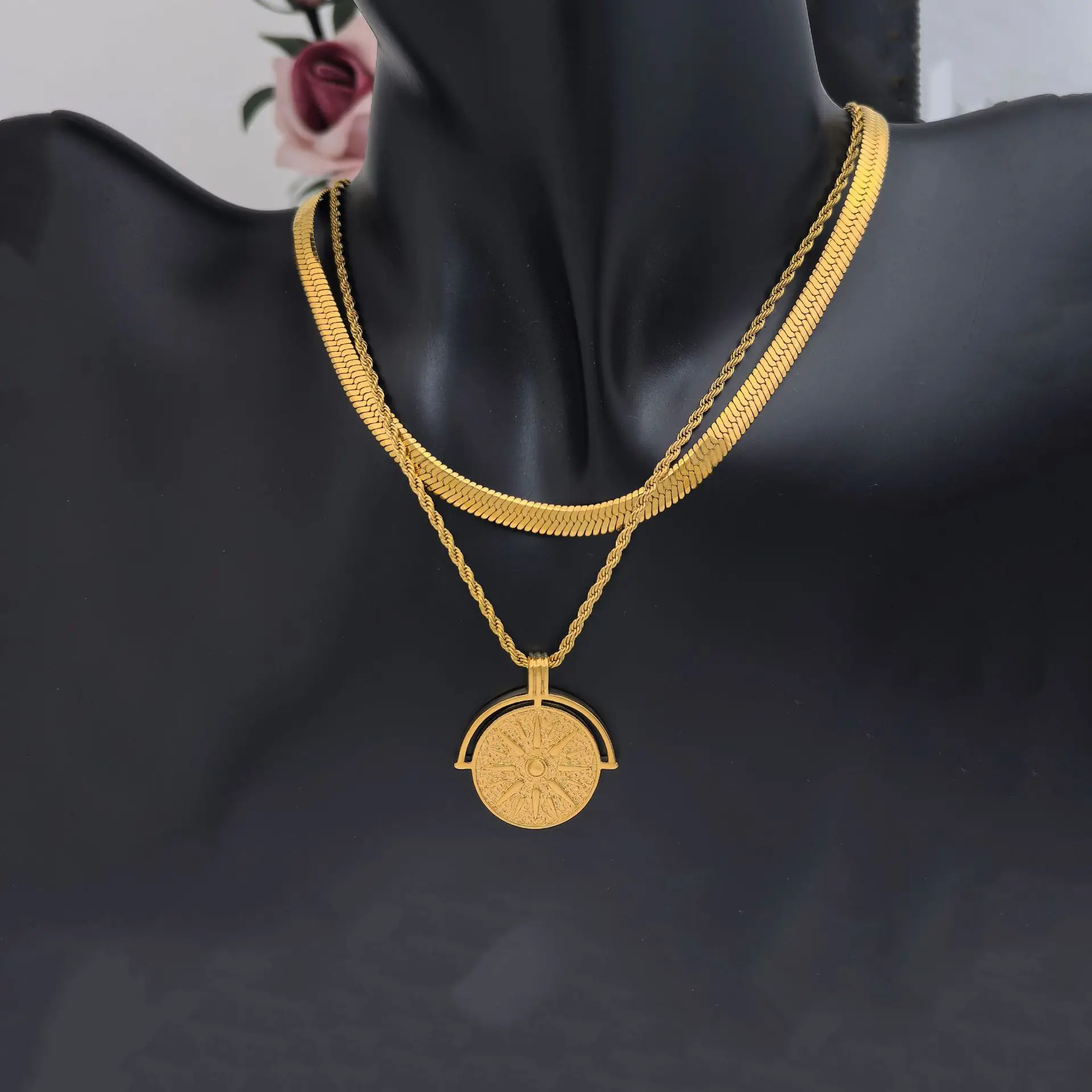 18K Gold Plated Reversible Necklace for Women Sunflower  Minimalist Round Coin Pendant  for Daily Wear