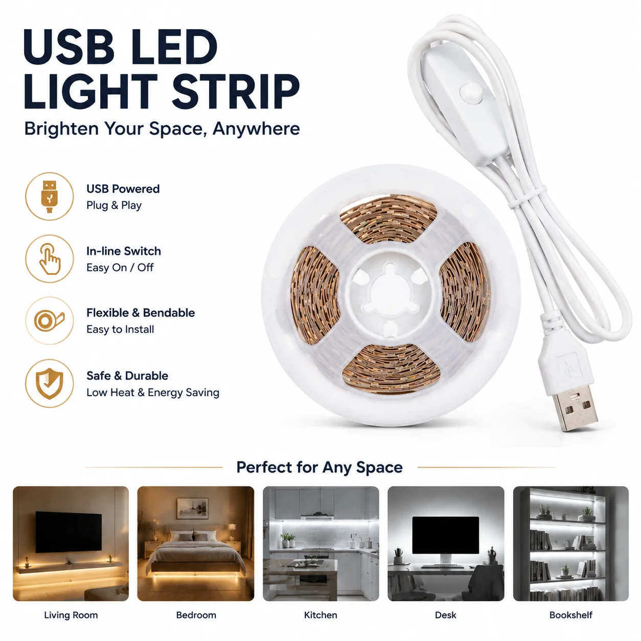 Indoor LED light strip with push-button switch, USB powered. Suitable for TV backlighting, holiday decorations, room lighting.