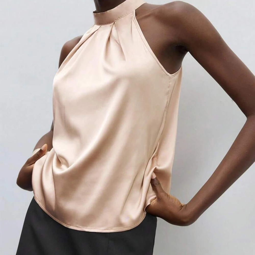 

Women Summer Cottagecore Sexy Satin Hater Tanks Tops Sleeveless Backless Halter Office Lady Chic Club Party Tie-up Vest Camis