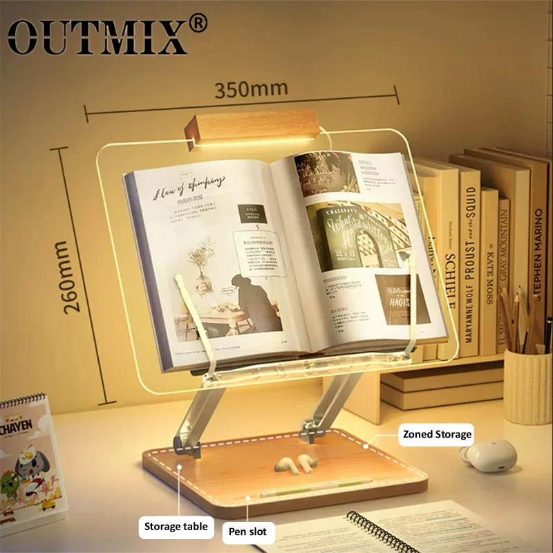 Wooden Reading Stand with light Transparent Acrylic Multifunction Lifting Tablet Holder Laptop Bracket Desktop Storage Bookshelf