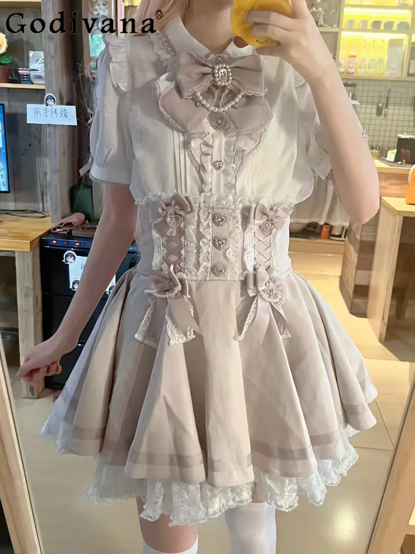 

Japanese Style Sweet Cute Slim Ming Look Lace Heart Bows Skirt 2026 New Arrival Lolita Versatile Women High Waist Skirt