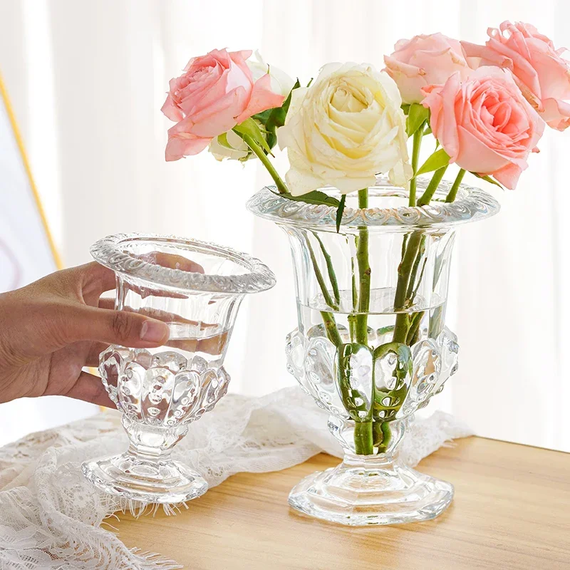 High-grade Transparent Glass Vase Ornaments French Retro Relief Feng Shui Culture Flowers Living Room Flower Arrangement