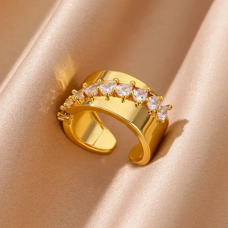 Luxury Water Drops Zircon Rings for Women Stainless Steel Gold Color Wedding Couple Ring Aesthetic Jewelry Gift anillos mujer